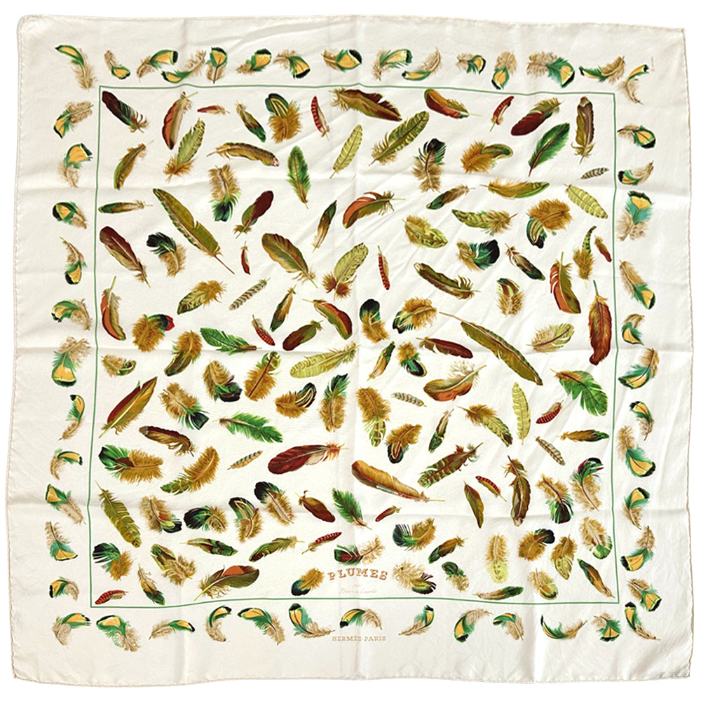 HERMES エルメス カレ90 PLUMES par Henride Linares 羽根 スカーフ ホワイト シルク レディース 【中古】