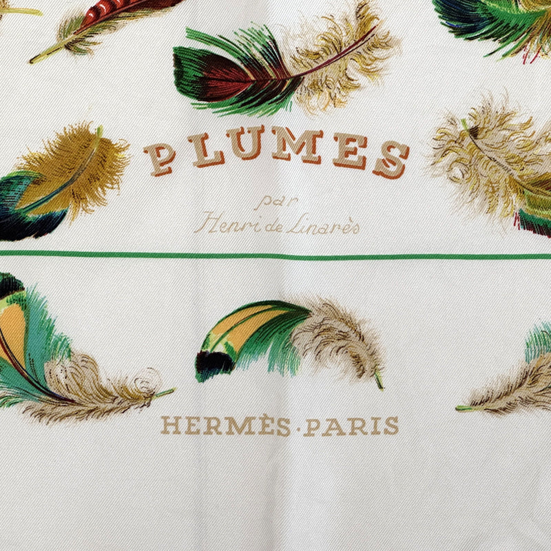 HERMES エルメス カレ90 PLUMES par Henride Linares 羽根 スカーフ ホワイト シルク レディース 【中古】