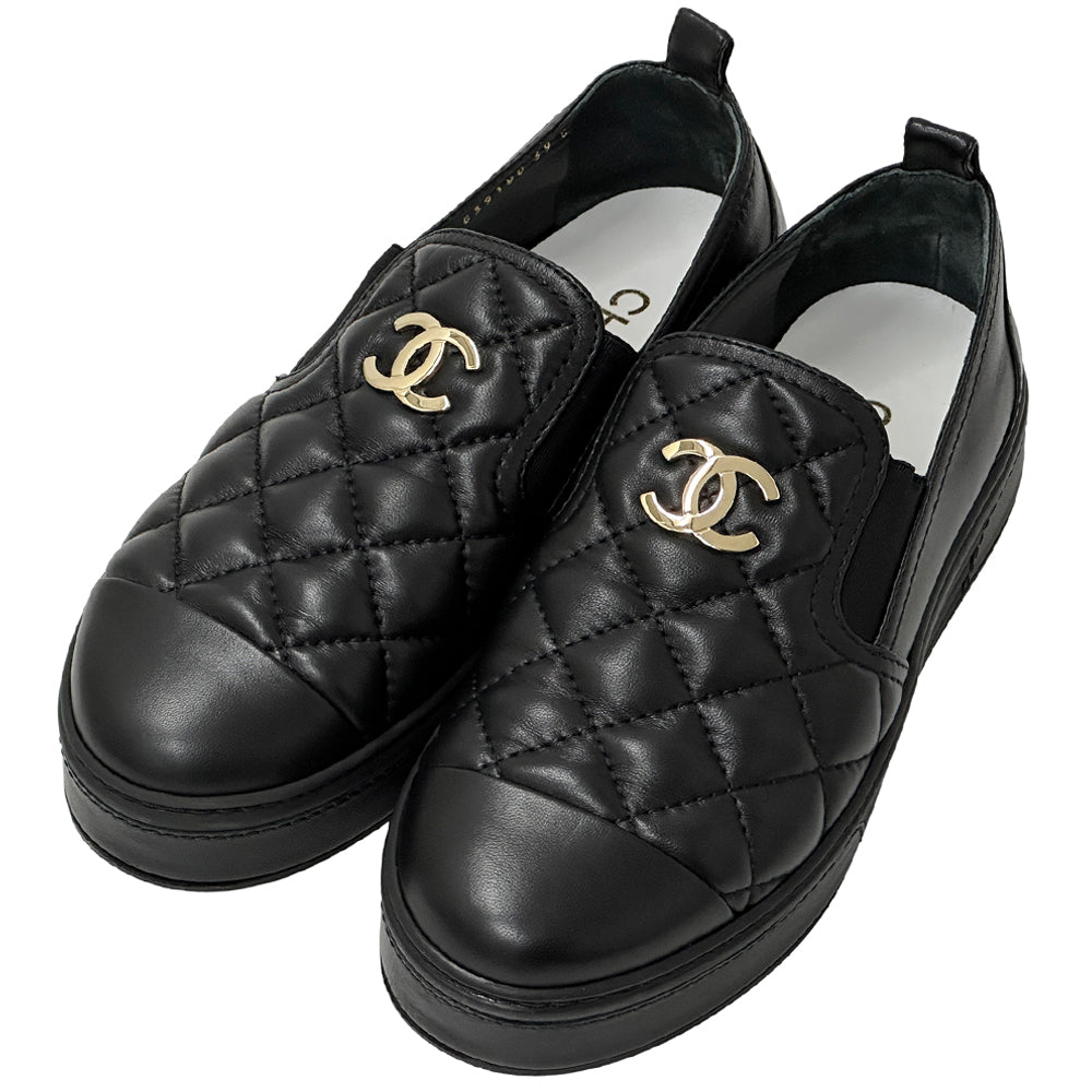CHANEL シャネル スリッポン スニーカー マトラッセ 39 25cm ブラック ゴールド金具 レザー レディース 【中古】