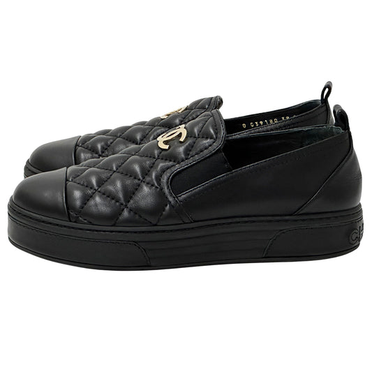 CHANEL シャネル スリッポン スニーカー マトラッセ 39 25cm ブラック ゴールド金具 レザー レディース 【中古】