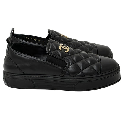CHANEL シャネル スリッポン スニーカー マトラッセ 39 25cm ブラック ゴールド金具 レザー レディース 【中古】