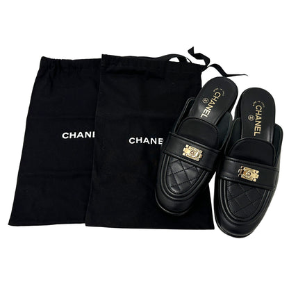 CHANEL シャネル ミュール ボーイシャネル ブラック ゴールド金具 38 2/1 24.5cm レザー レディース 【中古】