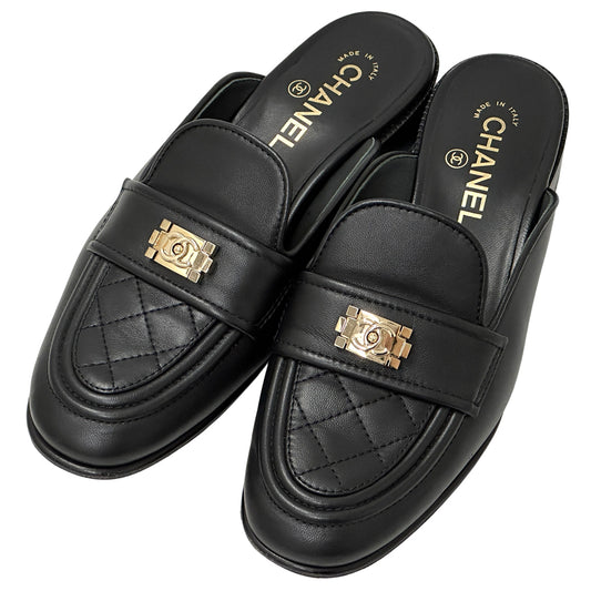 CHANEL シャネル ミュール ボーイシャネル ブラック ゴールド金具 38 2/1 24.5cm レザー レディース 【中古】