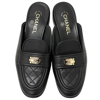 CHANEL シャネル ミュール ボーイシャネル ブラック ゴールド金具 38 2/1 24.5cm レザー レディース 【中古】