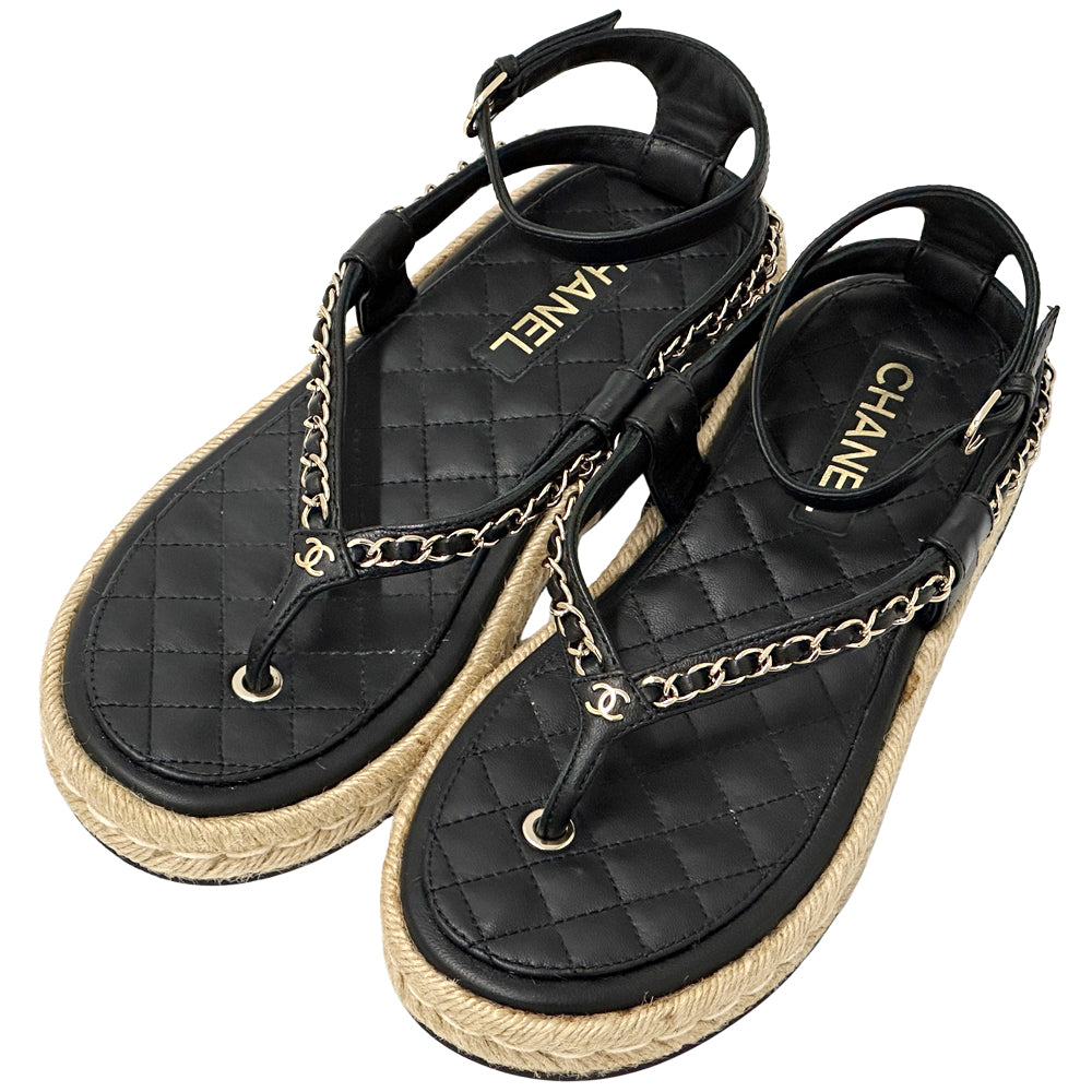 CHANEL シャネル トング サンダル ココマーク 39 25cm ブラック ゴールド金具 レザー レディース 【中古】