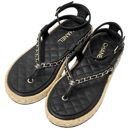 CHANEL シャネル トング サンダル ココマーク 39 25cm ブラック ゴールド金具 レザー レディース 【中古】