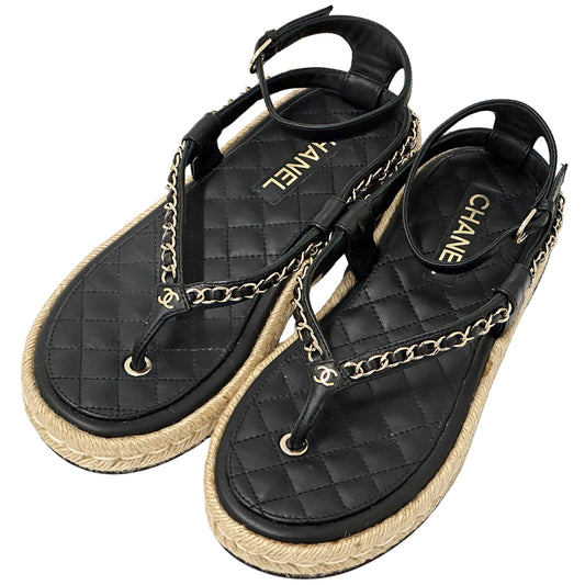 CHANEL シャネル トング サンダル ココマーク 39 25cm ブラック ゴールド金具 レザー レディース 【中古】