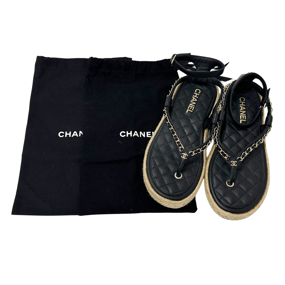 CHANEL シャネル トング サンダル ココマーク 39 25cm ブラック ゴールド金具 レザー レディース 【中古】