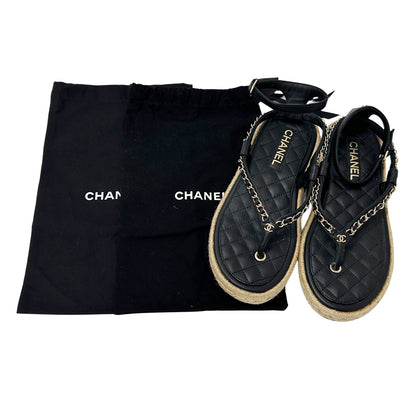 CHANEL シャネル トング サンダル ココマーク 39 25cm ブラック ゴールド金具 レザー レディース 【中古】