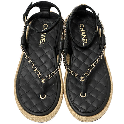 CHANEL シャネル トング サンダル ココマーク 39 25cm ブラック ゴールド金具 レザー レディース 【中古】