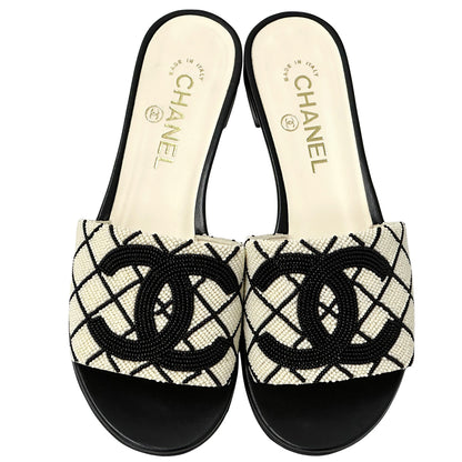 CHANEL シャネル サンダル ココマーク ホワイト ブラック 38 24.5cm ビーズ レディース 【中古】