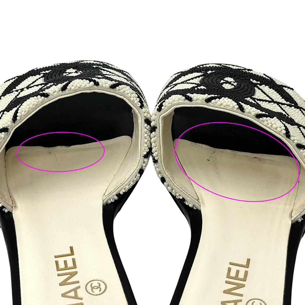 CHANEL シャネル サンダル ココマーク ホワイト ブラック 38 24.5cm ビーズ レディース 【中古】