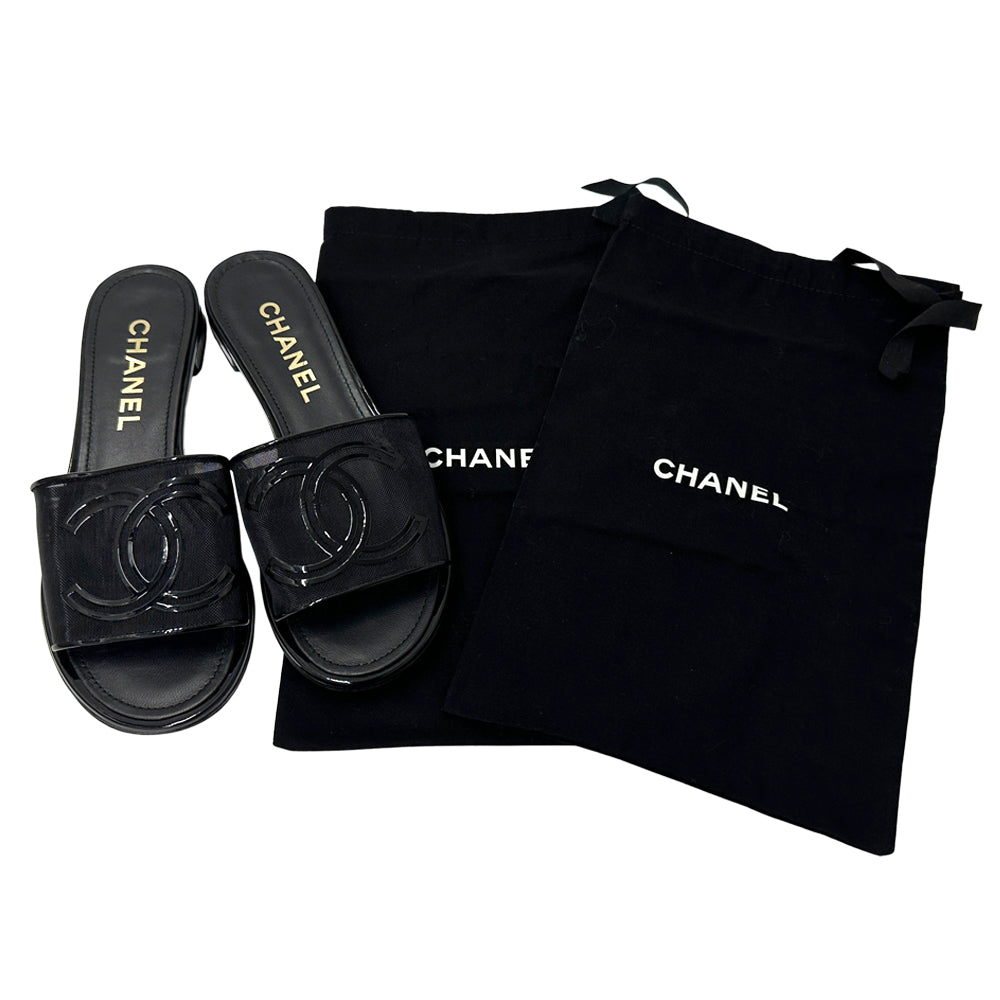 CHANEL シャネル サンダル ココマーク ブラック メッシュ 39 25cm レディース 【中古】