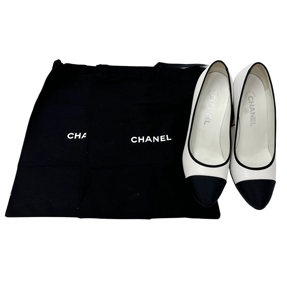 CHANEL シャネル パンプス ココマーク ホワイト ブラック 38 24.5cm グログラン レディース 【中古】