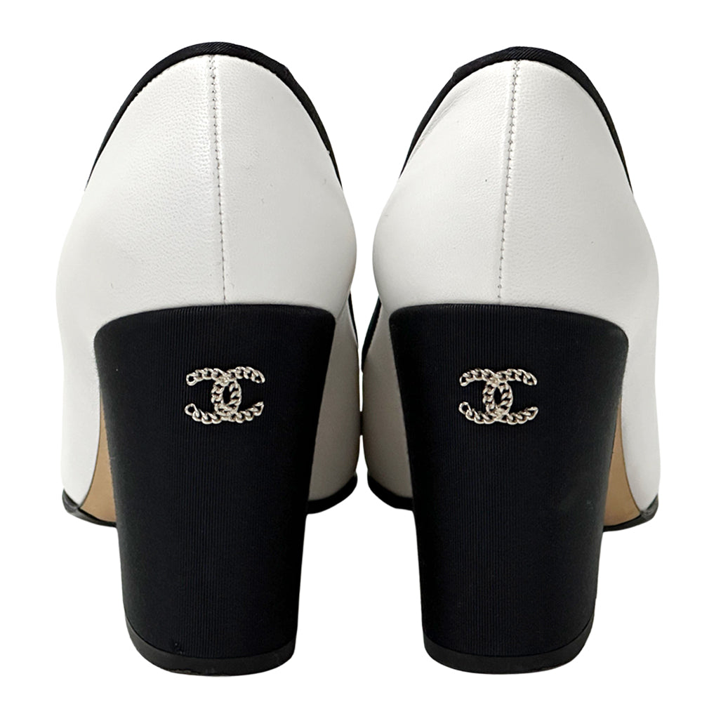 CHANEL シャネル パンプス ココマーク ホワイト ブラック 38 24.5cm グログラン レディース 【中古】