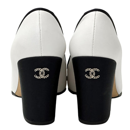 CHANEL シャネル パンプス ココマーク ホワイト ブラック 38 24.5cm グログラン レディース 【中古】