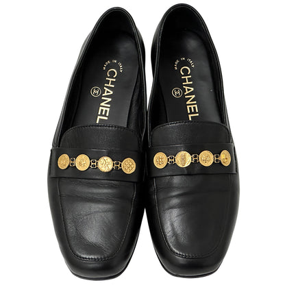 CHANEL シャネル ローファー アイコン ブラック ゴールド金具 38 24.5cm レザー レディース 【中古】
