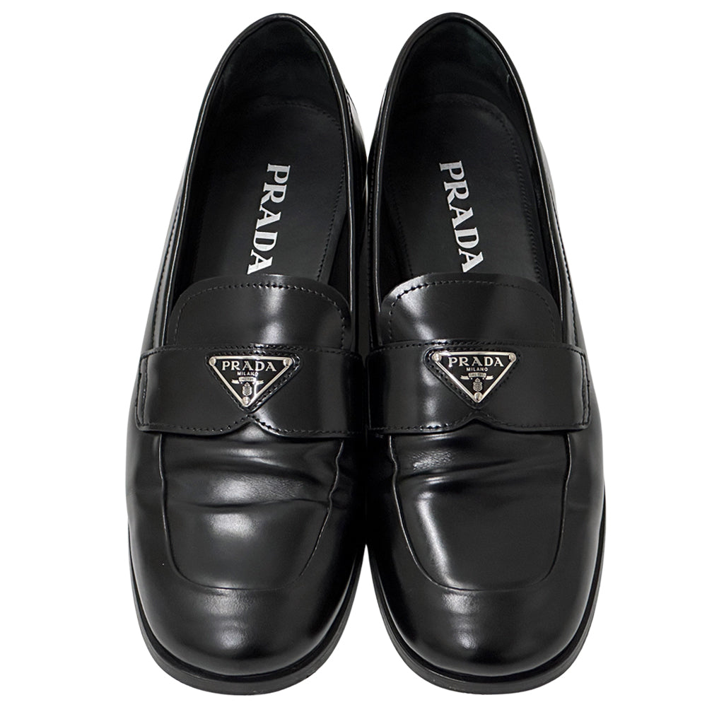 PRADA プラダ ローファー トライアングルロゴ ブラック 39 25cm レザー レディース 【中古】