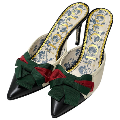 GUCCI グッチ ボウ ミュール シェリー 37 2/1 24.5cm アイボリー ブラック 519569 レザー レディース 【中古】