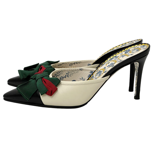 GUCCI グッチ ボウ ミュール シェリー 37 2/1 24.5cm アイボリー ブラック 519569 レザー レディース 【中古】