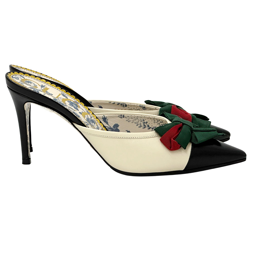 GUCCI グッチ ボウ ミュール シェリー 37 2/1 24.5cm アイボリー ブラック 519569 レザー レディース 【中古】