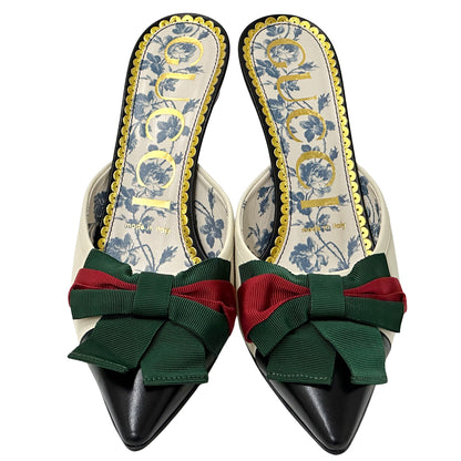 GUCCI グッチ ボウ ミュール シェリー 37 2/1 24.5cm アイボリー ブラック 519569 レザー レディース 【中古】
