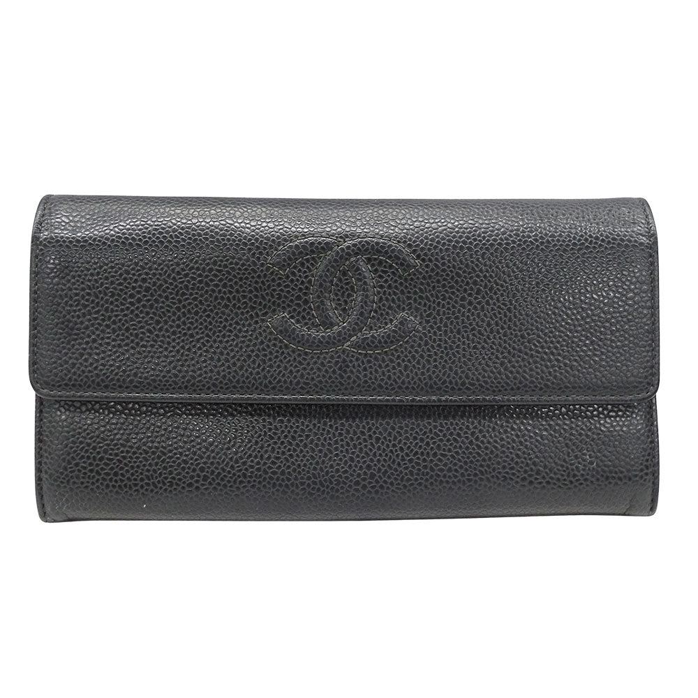 CHANEL シャネル 長財布 チャコールグレー キャビアスキン レディース 【中古】
