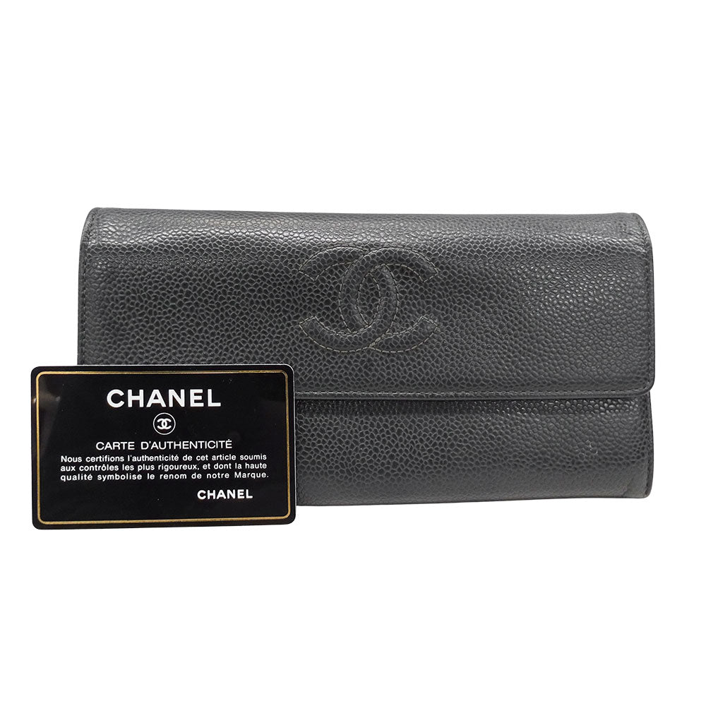 CHANEL シャネル 長財布 チャコールグレー キャビアスキン レディース 【中古】
