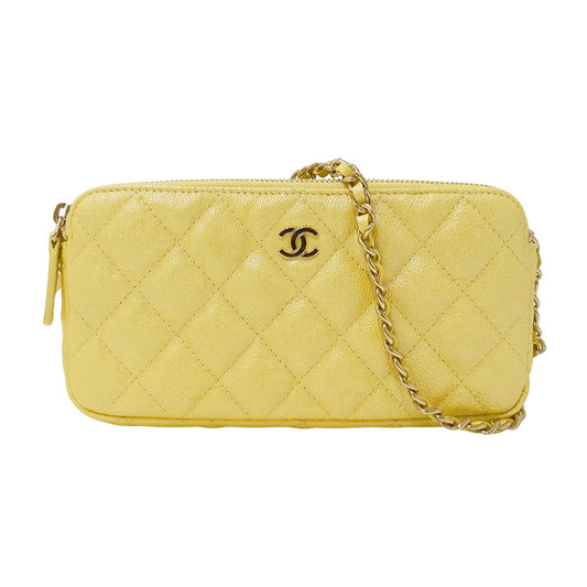 CHANEL シャネル ショルダーウォレット マトラッセ イエロー ゴールド金具 キャビアスキン レディース 【中古】
