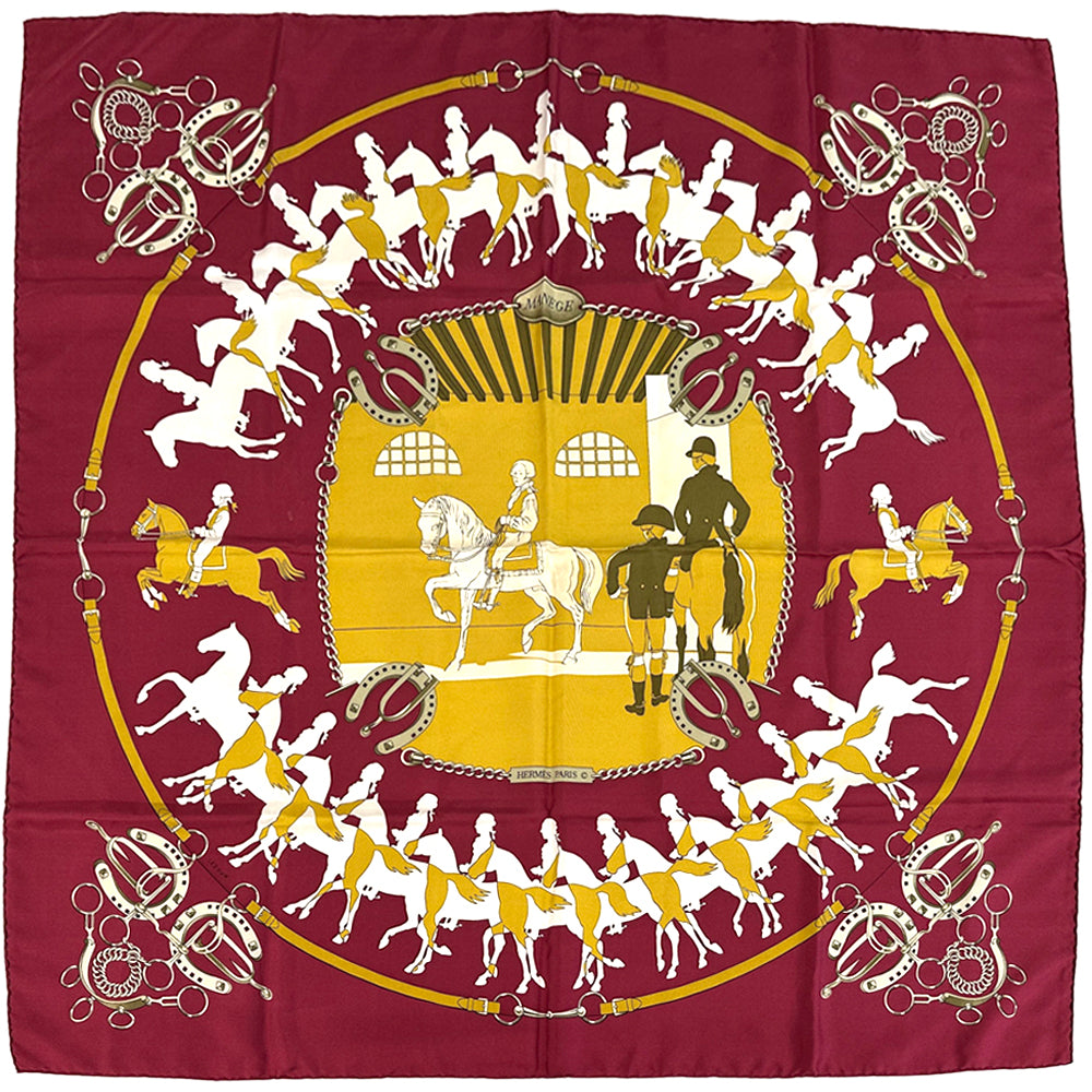 HERMES エルメス カレ90 MANEGE マネージュ 乗馬学校 スカーフ レッド マルチカラー シルク レディース 【中古】