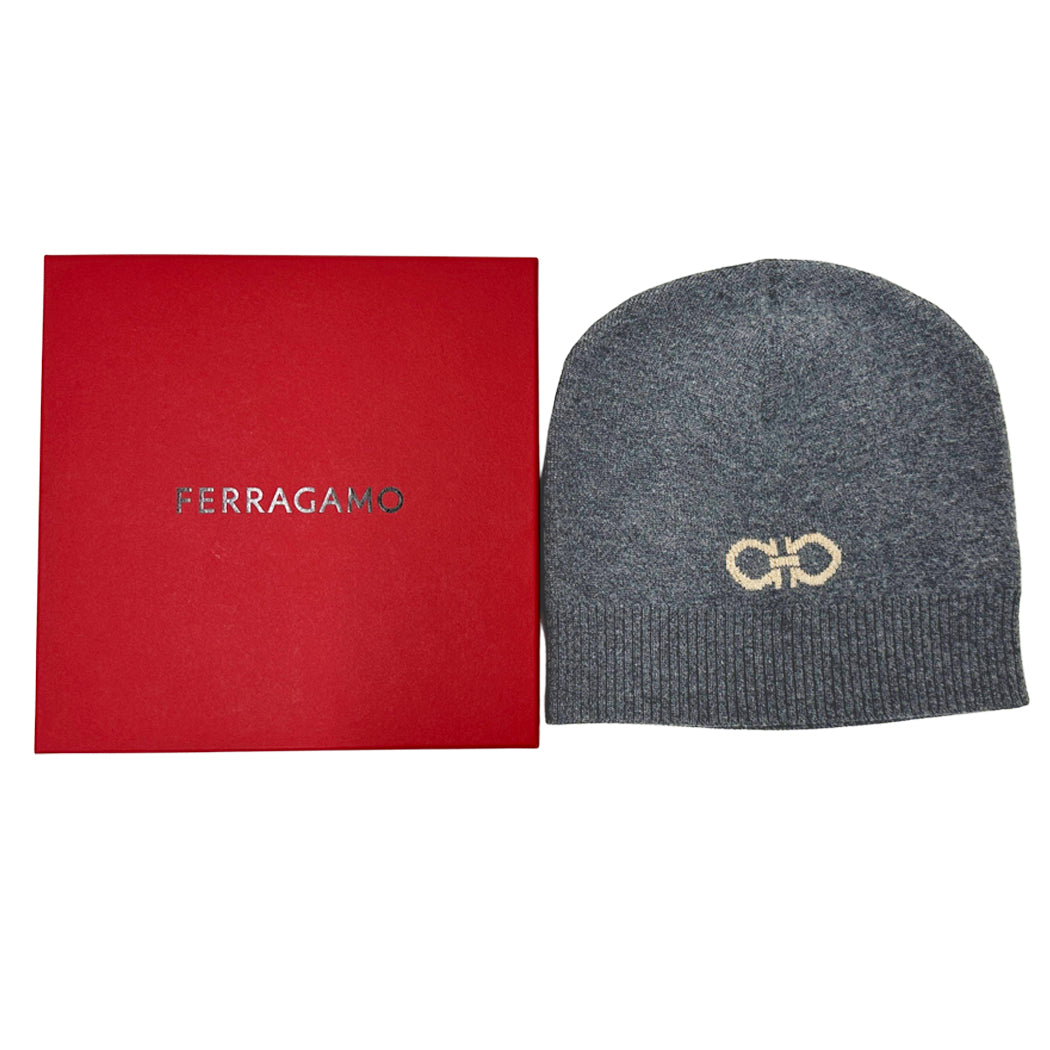 Ferragamo フェラガモ ニットキャップ ダブルガンチーニ グレー カシミヤ レディース メンズ 【中古】