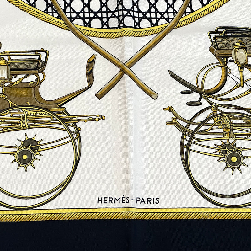 HERMES エルメス カレ90 LES VOIYURES A TRANSFORMATION 折りたたみ式幌の馬車 スカーフ ブラック マルチカラー シルク レディース 【中古】