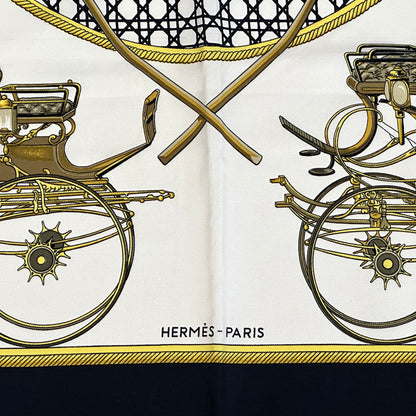 HERMES エルメス カレ90 LES VOIYURES A TRANSFORMATION 折りたたみ式幌の馬車 スカーフ ブラック マルチカラー シルク レディース 【中古】