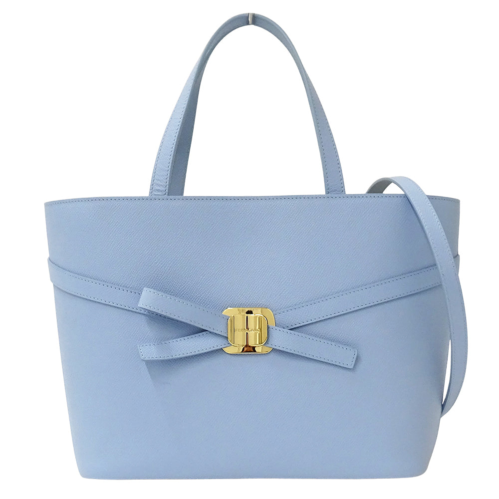 Ferragamo フェラガモ トートバッグ ニューヴァラプレート リボン ライトブルー レザー レディース 【中古】