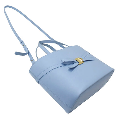 Ferragamo フェラガモ トートバッグ ニューヴァラプレート リボン ライトブルー レザー レディース 【中古】