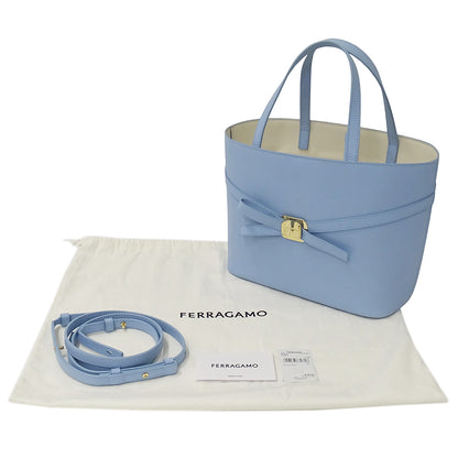 Ferragamo フェラガモ トートバッグ ニューヴァラプレート リボン ライトブルー レザー レディース 【中古】