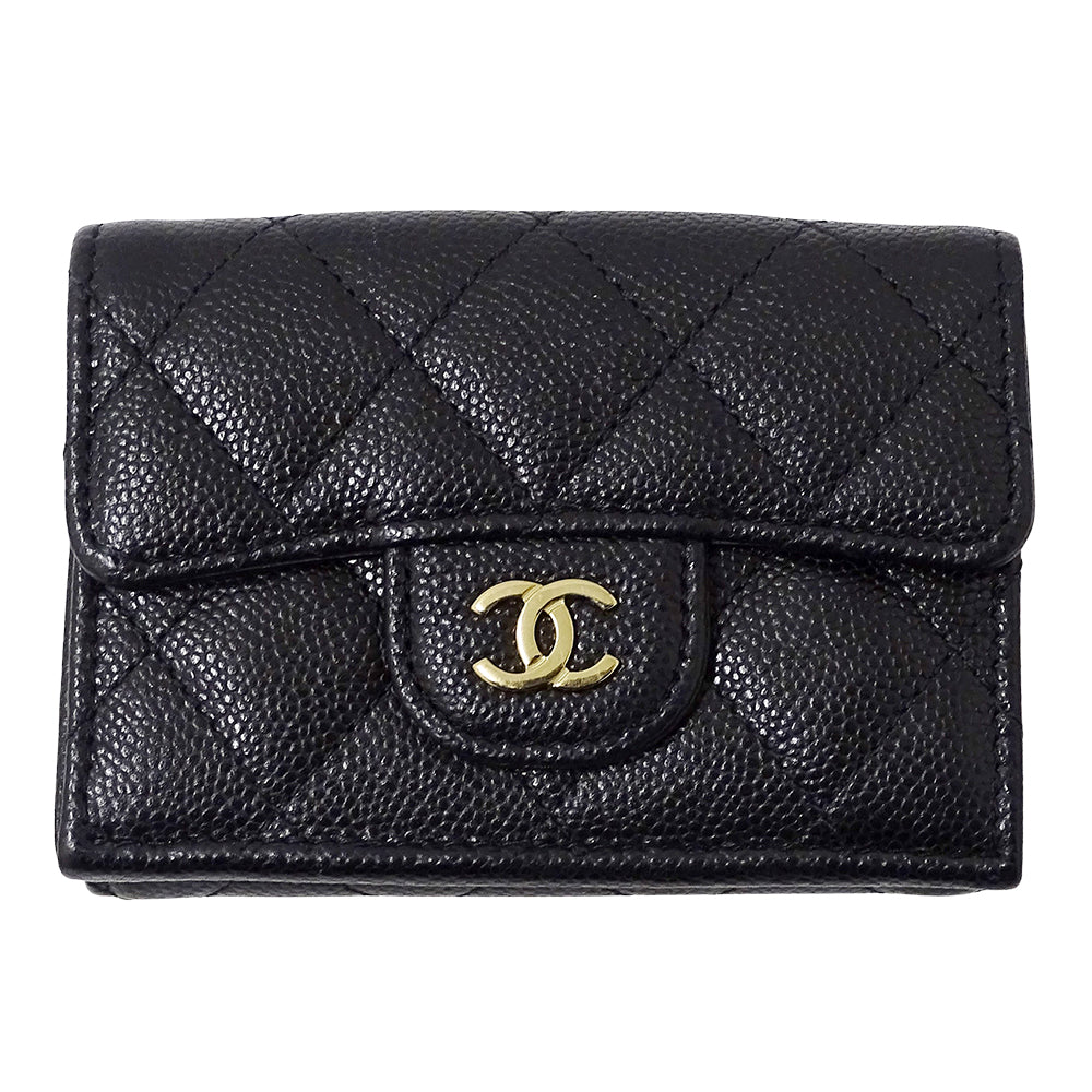 CHANEL シャネル 三つ折り財布 マトラッセ ブラック ゴールド金具 キャビアスキン レディース 【中古】