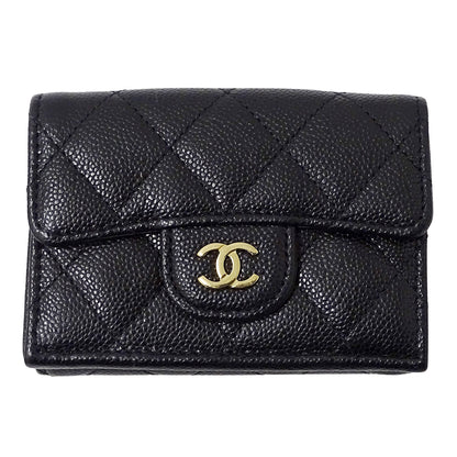 CHANEL シャネル 三つ折り財布 マトラッセ ブラック ゴールド金具 キャビアスキン レディース 【中古】