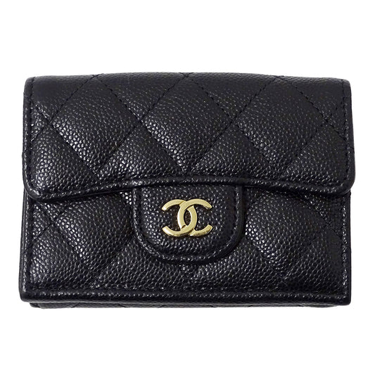 CHANEL シャネル 三つ折り財布 マトラッセ ブラック ゴールド金具 キャビアスキン レディース 【中古】