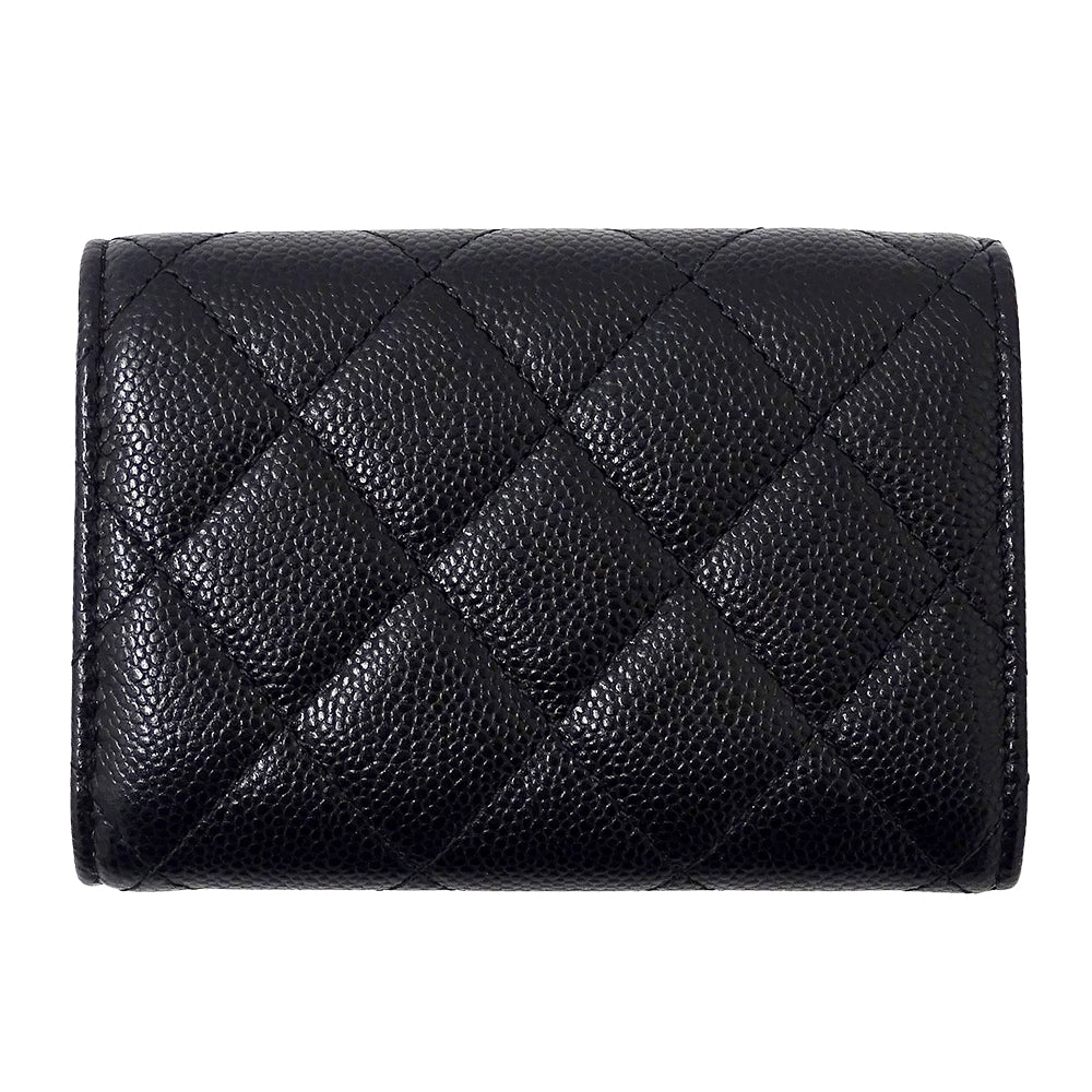 CHANEL シャネル 三つ折り財布 マトラッセ ブラック ゴールド金具 キャビアスキン レディース 【中古】