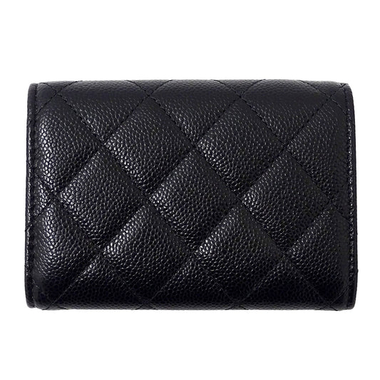 CHANEL シャネル 三つ折り財布 マトラッセ ブラック ゴールド金具 キャビアスキン レディース 【中古】