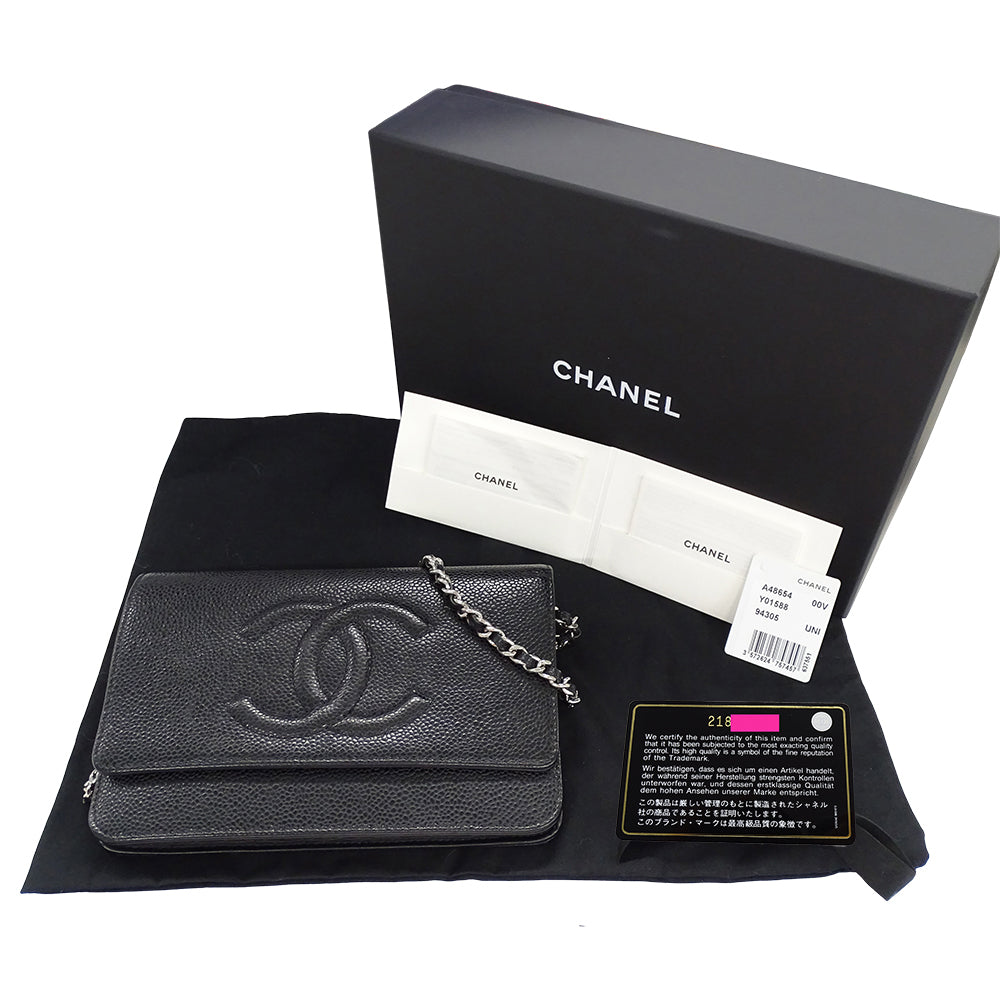 CHANEL シャネル ココマーク ショルダーウォレット ブラック シルバー金具 A48654 キャビアスキン レディース 【中古】