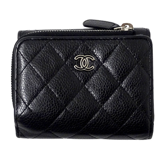 CHANEL シャネル 三つ折り財布 マトラッセ ブラック シルバー金具 キャビアスキン レディース 【中古】