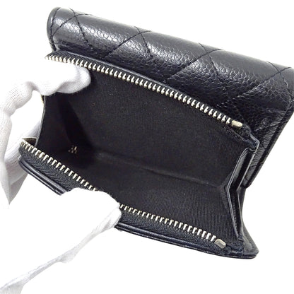 CHANEL シャネル 三つ折り財布 マトラッセ ブラック シルバー金具 キャビアスキン レディース 【中古】