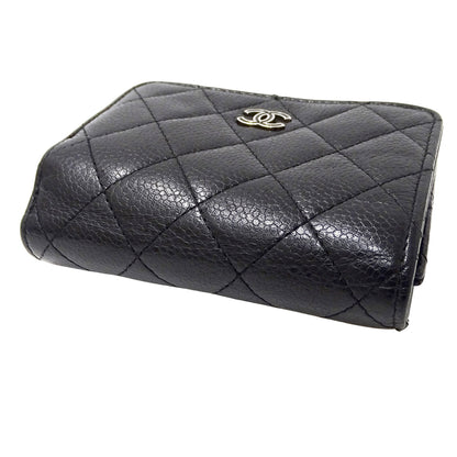CHANEL シャネル 三つ折り財布 マトラッセ ブラック シルバー金具 キャビアスキン レディース 【中古】