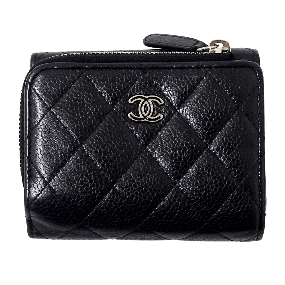 CHANEL シャネル 三つ折り財布 マトラッセ ブラック シルバー金具 キャビアスキン レディース 【中古】