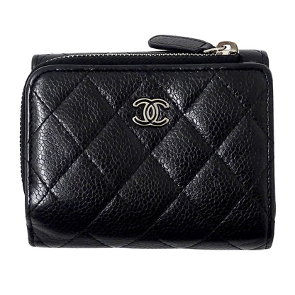 CHANEL シャネル 三つ折り財布 マトラッセ ブラック シルバー金具 キャビアスキン レディース 【中古】
