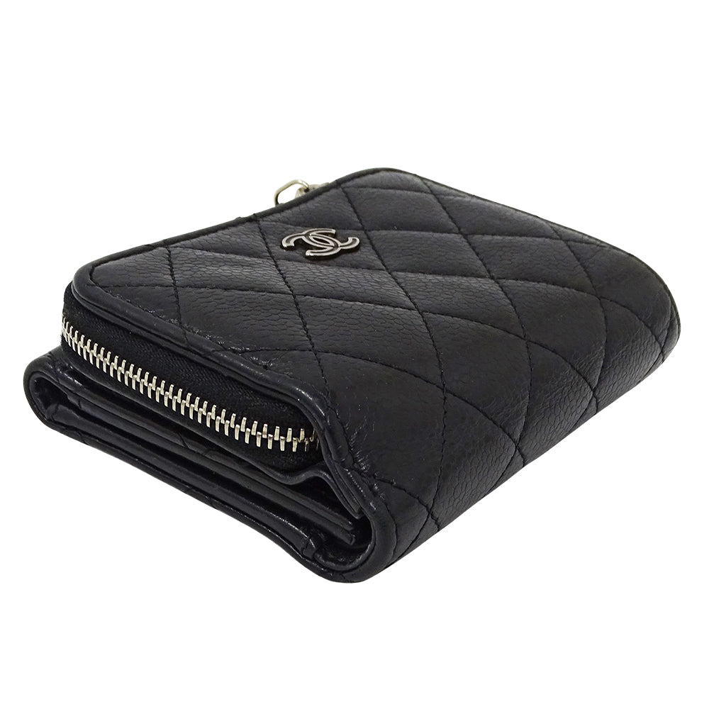CHANEL シャネル 三つ折り財布 マトラッセ ブラック シルバー金具 キャビアスキン レディース 【中古】