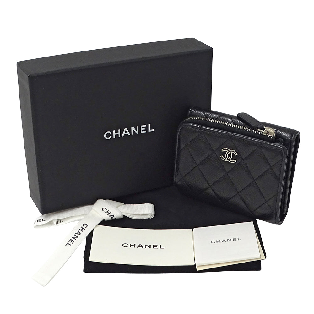 CHANEL シャネル 三つ折り財布 マトラッセ ブラック シルバー金具 キャビアスキン レディース 【中古】