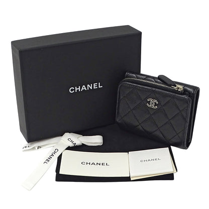 CHANEL シャネル 三つ折り財布 マトラッセ ブラック シルバー金具 キャビアスキン レディース 【中古】